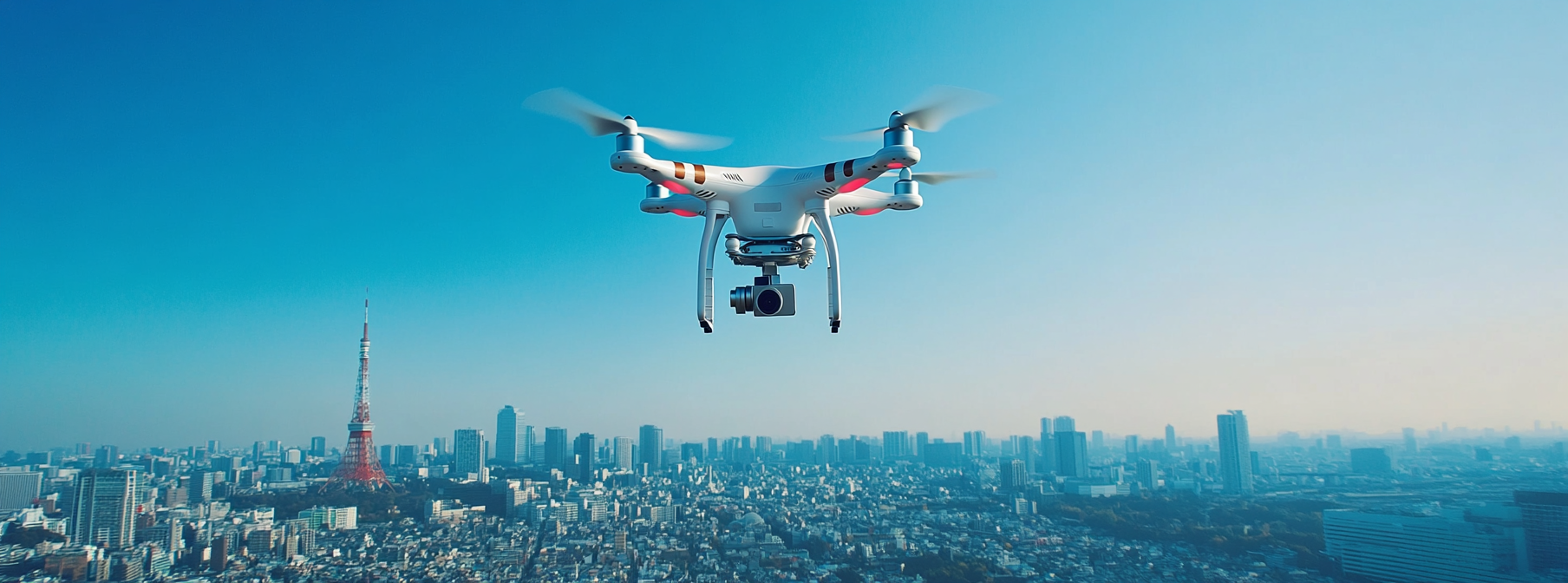 東京の街並みの上空を飛行するドローン